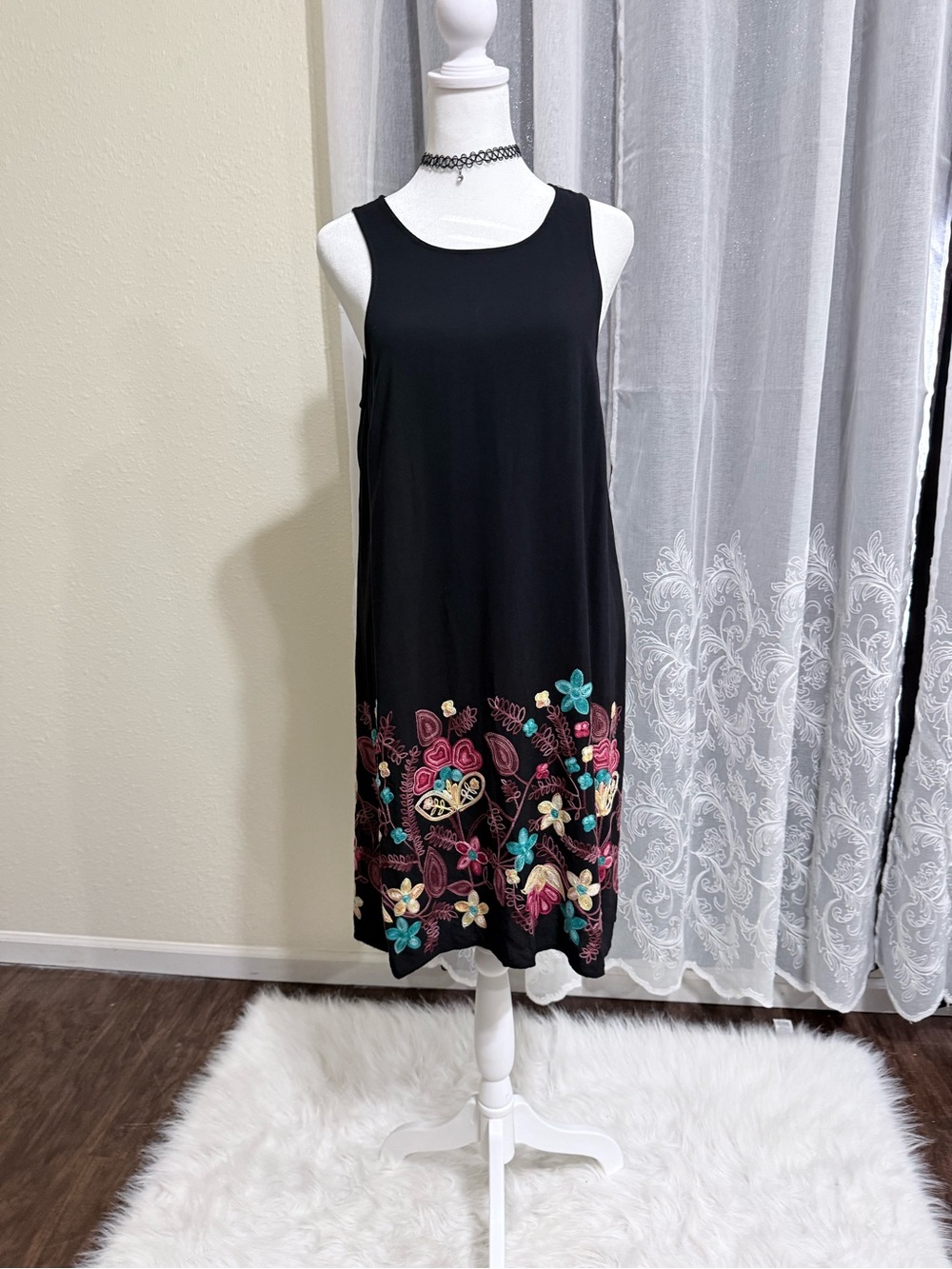 MSK Black Midi Dress with Multicolor Floral Embroidery